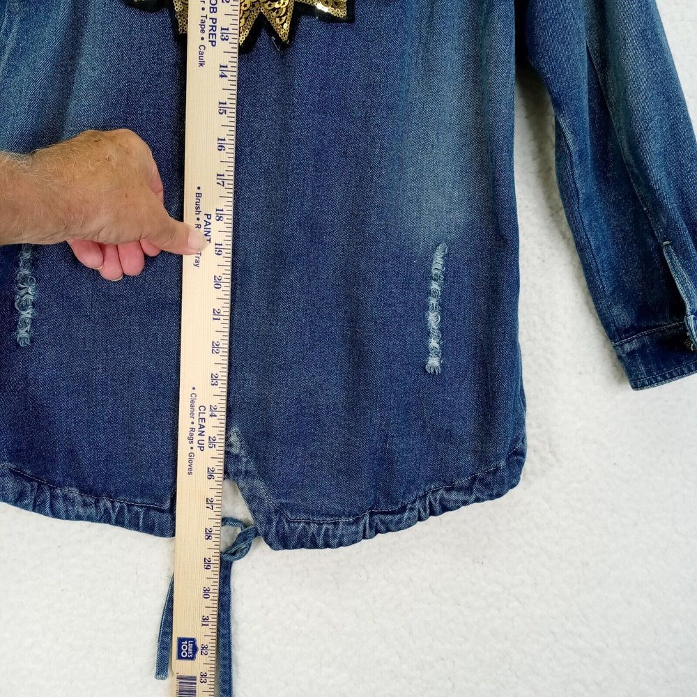 Boom Sequin Hi-Low Hem Denim Jacket Girls Sz 10-12 Blue Distressed - Picture 12 of 14